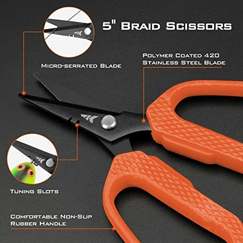 Close-up of 5-inch braid scissors with orange rubber handle and micro-serrated blade.