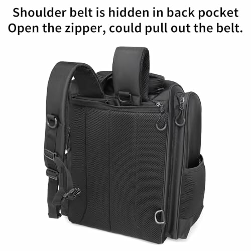 Backpack with hidden shoulder belt in back pocket.