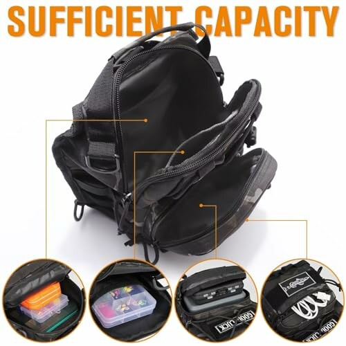 Black backpack showcasing multiple storage compartments and sufficient capacity.