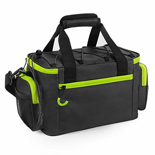 Black and green tool bag with multiple compartments