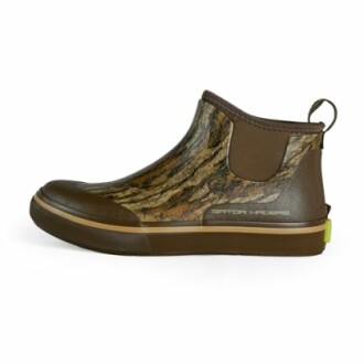 Camo ankle rain boot with brown and green patterns