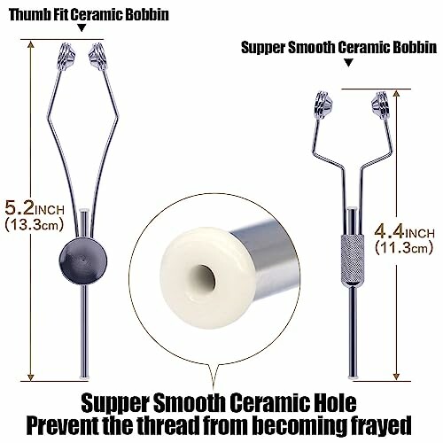 Ceramic bobbin tool with measurements and features.