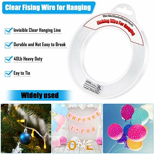 Clear fising wire for hanging, showcasing its uses with images of decorations.