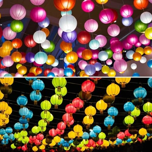 Colorful lanterns hanging in two different lighting settings.