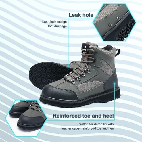 Durable work boots with leak hole design and reinforced toe and heel.