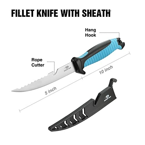 Fillet knife with sheath, 5-inch blade, rope cutter, hang hook.