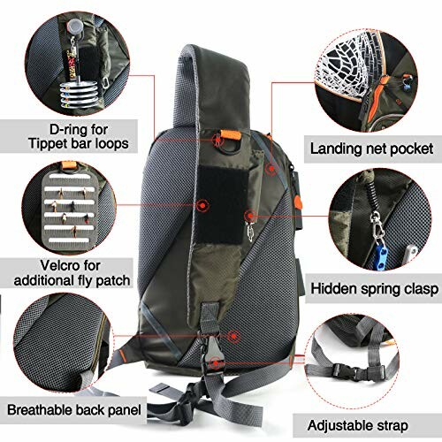 Fishing backpack with multiple features highlighted, including D-ring, landing net pocket, Velcro for fly patch, hidden spring clasp, breathable back panel, and adjustable strap.