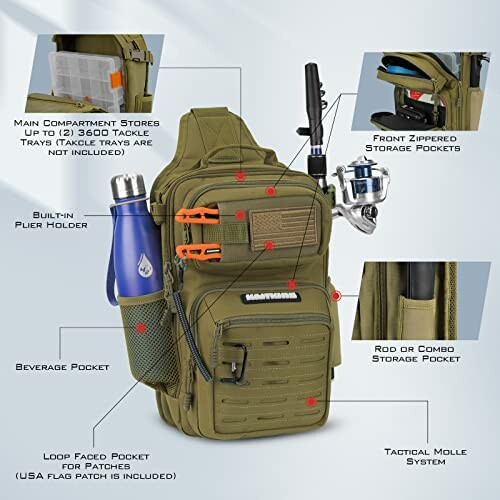 Fishing backpack with rod holder, beverage pocket, and storage compartments.