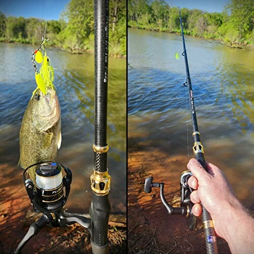 Person holding a fishing rod with a caught bass by a lake.