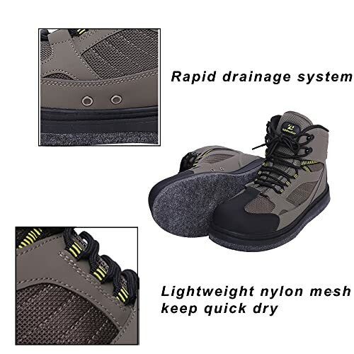 Fishing boots with rapid drainage system and lightweight nylon mesh.