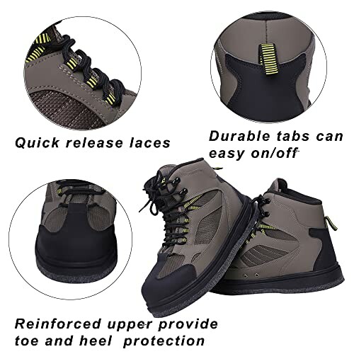 Fishing boots with quick release laces, durable tabs, and reinforced toe and heel protection.