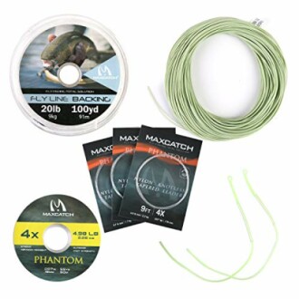 Fly fishing line kit with backing, tapered leaders, and nylon line.