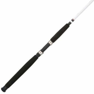 Close-up of a fishing rod handle with black grips.