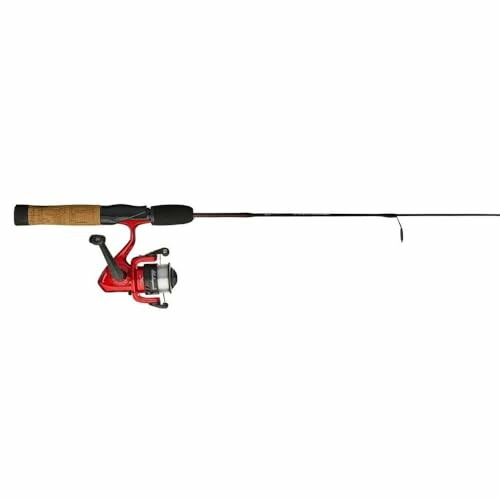 Fishing rod with red reel and cork handle.