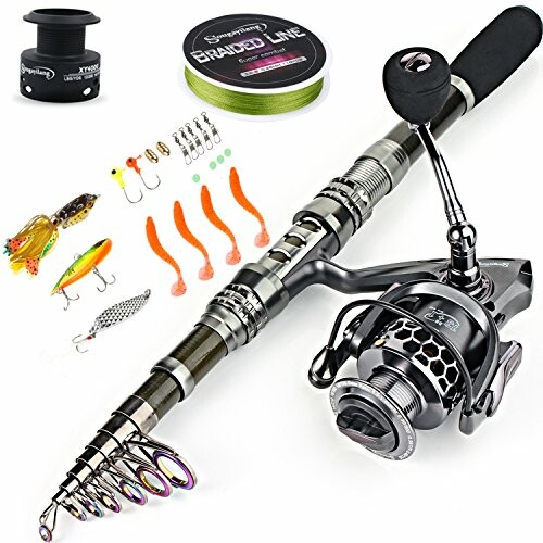 Telescopic fishing rod and reel set with lures and braided line.