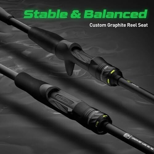 Fishing rods with custom graphite reel seat, stable and balanced.