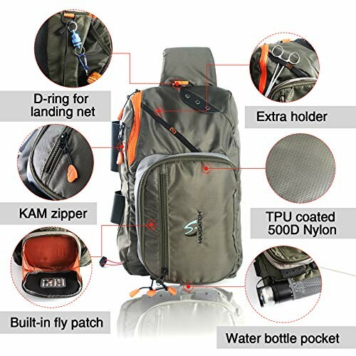 Fishing sling pack with multiple features labeled, including D-ring, extra holder, KAM zipper, TPU coated nylon, built-in fly patch, and water bottle pocket.