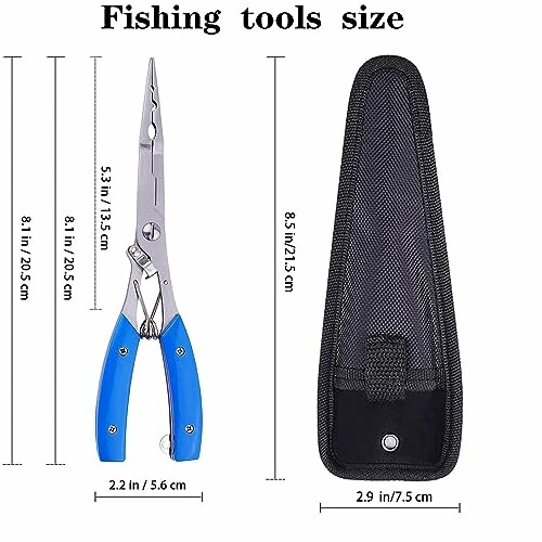 Fishing pliers with blue handles and black sheath, showing dimensions.