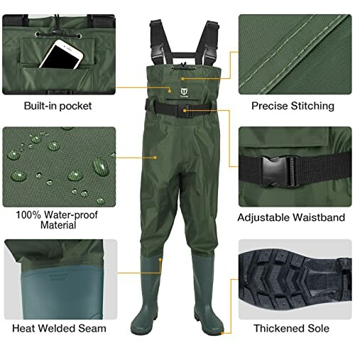 Features of green fishing waders, including built-in pocket, precise stitching, waterproof material, adjustable waistband, heat welded seam, and thickened sole.