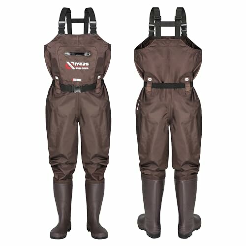 Front and back view of brown fishing waders with attached boots.