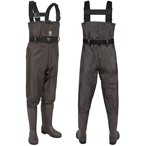 Front and back view of brown fishing waders with attached boots.