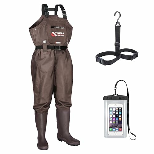 Fishing waders with suspenders, hanger, and waterproof phone pouch.