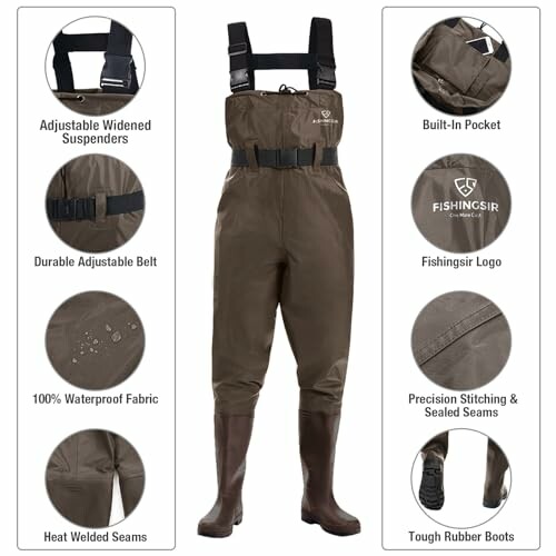 Fishing waders with adjustable suspenders, belt, waterproof fabric, and rubber boots.