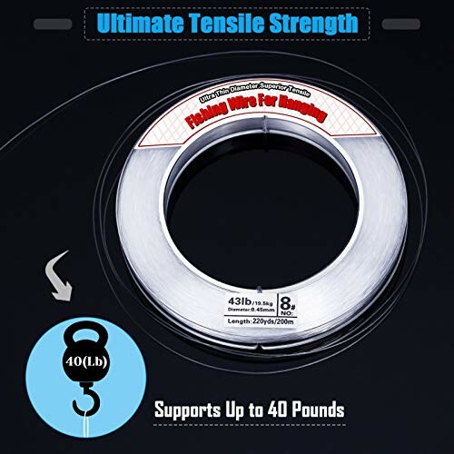 Fishing wire with 43lb tensile strength, supports up to 40 pounds.