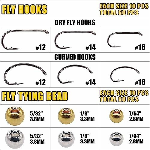 Fly hooks and tying beads in various sizes with labels.