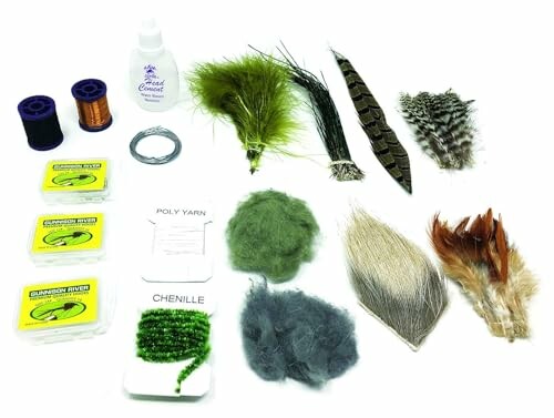 Assorted fly tying materials including feathers, yarn, chenille, and thread.