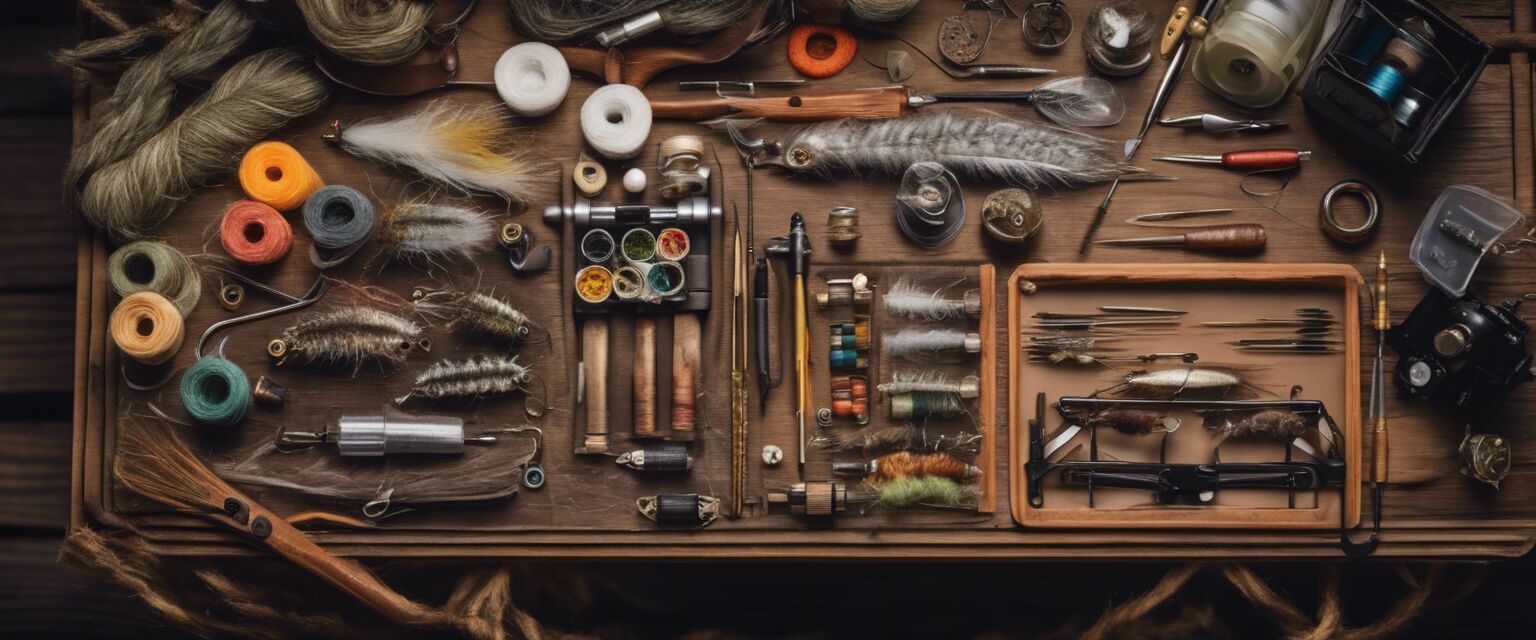 Fly tying workstation with tools and materials