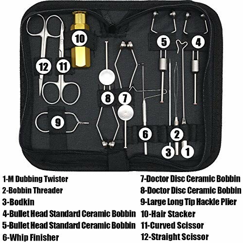 Fly tying tool kit with various tools labeled, including scissors, bobbins, and hackle plier.