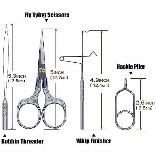 Fly tying tools set including scissors, bobbin threader, whip finisher, and hackle plier with measurements.