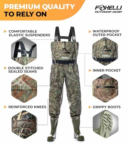 Foxelli outdoor gear waders with features like elastic suspenders, waterproof pocket, reinforced knees, and grippy boots.