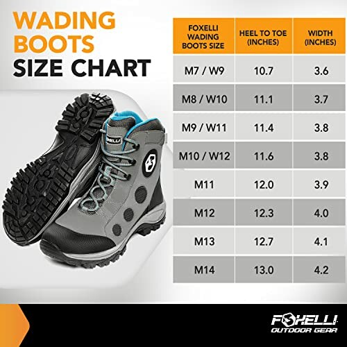 Foxelli wading boots size chart with boot image.