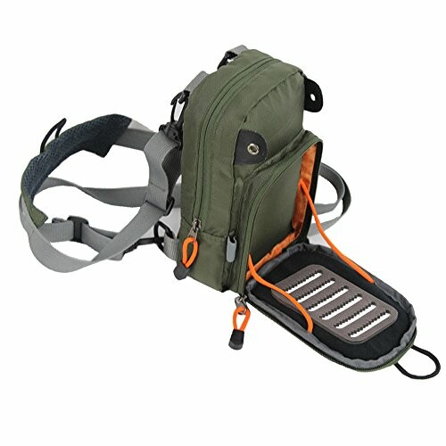 Green fishing tackle bag with multiple compartments and shoulder strap.