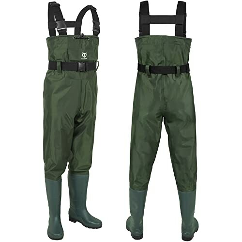 Green fishing waders with boots and adjustable straps.