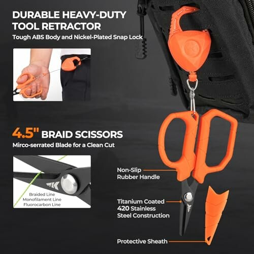 Durable heavy-duty tool retractor with 4.5-inch braid scissors, featuring non-slip rubber handle and protective sheath.