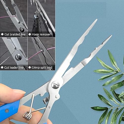 Multi-functional fishing pliers with various utility features including cutting braided line, hook remover, cutting leader line, and crimping split lead.