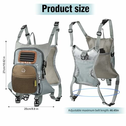 Pet carrier backpack with adjustable straps and dimensions labeled.