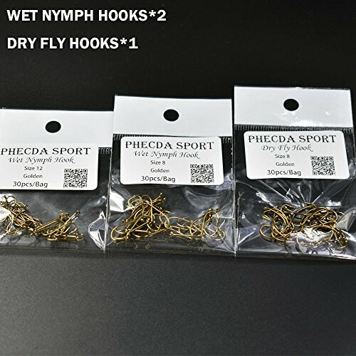 Three packages of Phecda Sport fishing hooks for wet and dry flies.