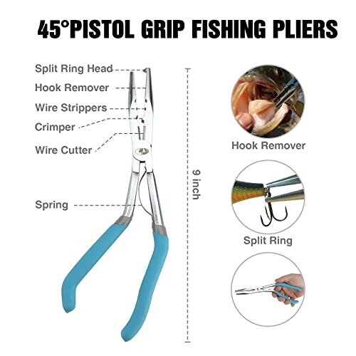 45-degree pistol grip fishing pliers with features labeled