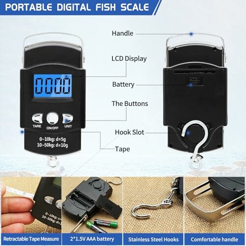 Portable digital fish scale with LCD display and hook.