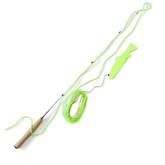 Fly fishing practice rod with green line and fish-shaped target.