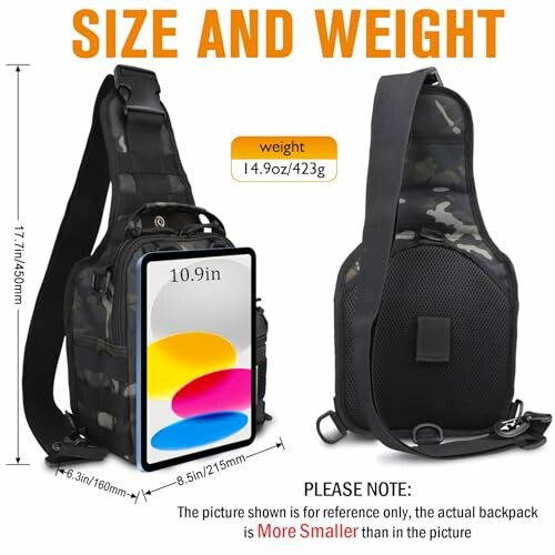 Sling backpack with size and weight details.