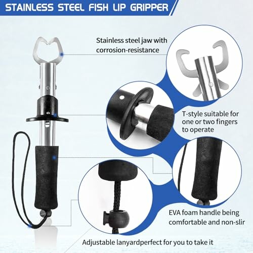 Stainless steel fish lip gripper with T-style handle and EVA foam grip.