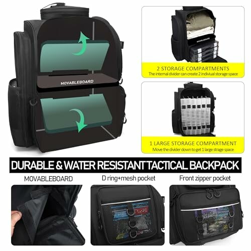 Tactical backpack with movable dividers and multiple compartments.