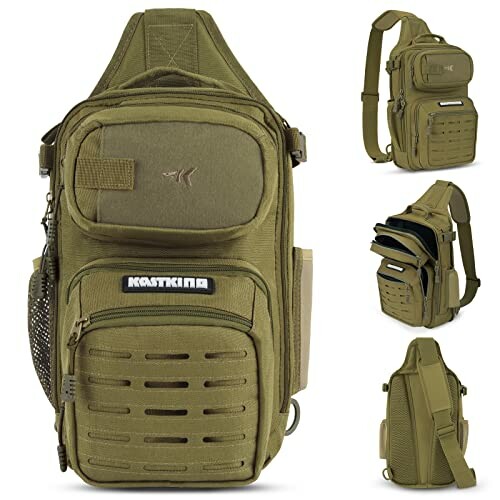 Green tactical shoulder bag with multiple compartments and adjustable strap.