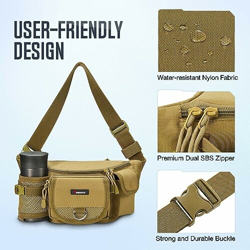 Tactical shoulder bag with water-resistant nylon fabric, dual SBS zippers, and durable buckle.