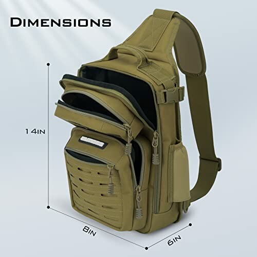 Tactical sling backpack with dimensions 14x8x6 inches.